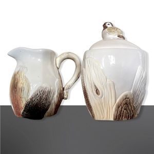 Sugar Bowl & Creamer Set with Faux Bois & Bird Nature Lover Dishes